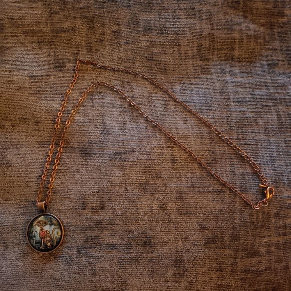 NEW Steampunk Cat Pendant Necklace Copper Tone